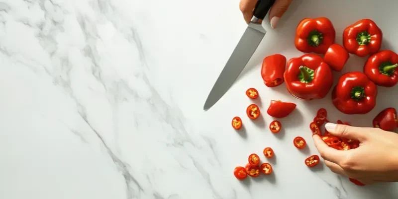 Person chopping peppers on quartzite countertop
