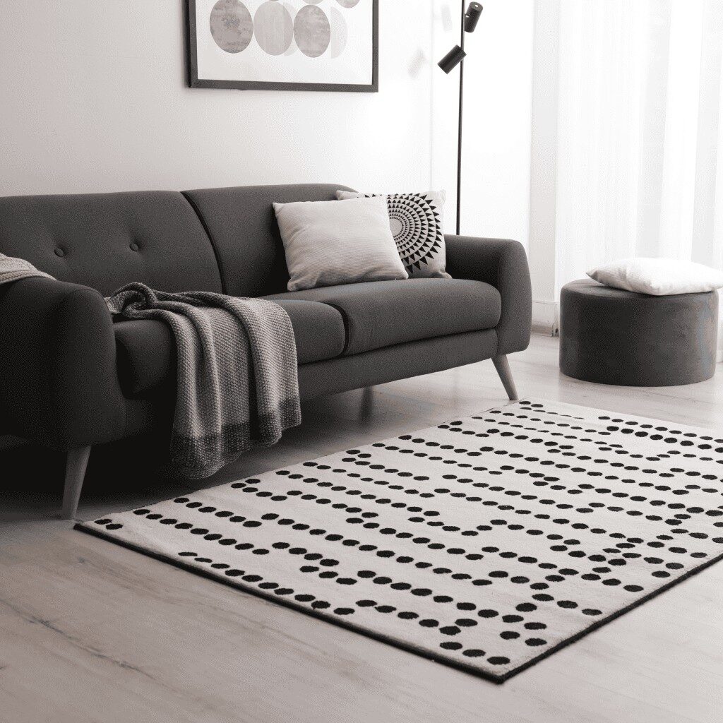 Area rug with a geometric pattern in living room with grey sofa