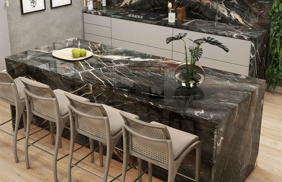 Beautiful dark grey with white veins quantize countertop in modern kitchen 