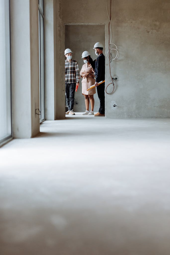 Realtors and clients wearing hard hats exploring a modern construction site indoors.