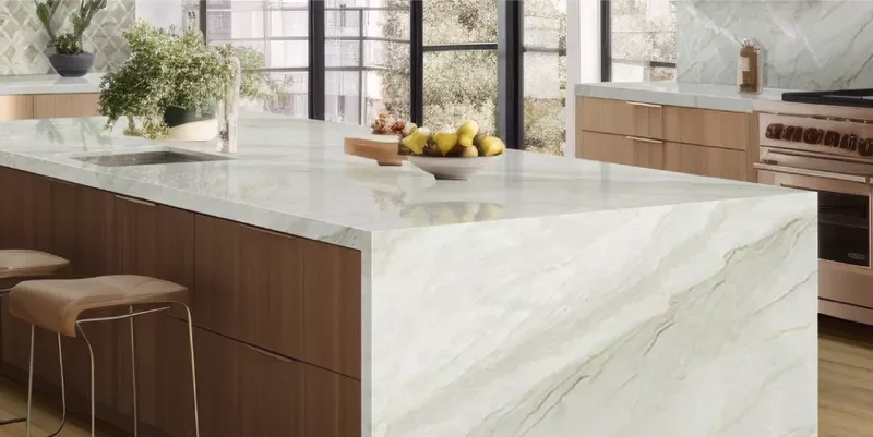 Patterns and soft veining mimic the look of marble - island countertop