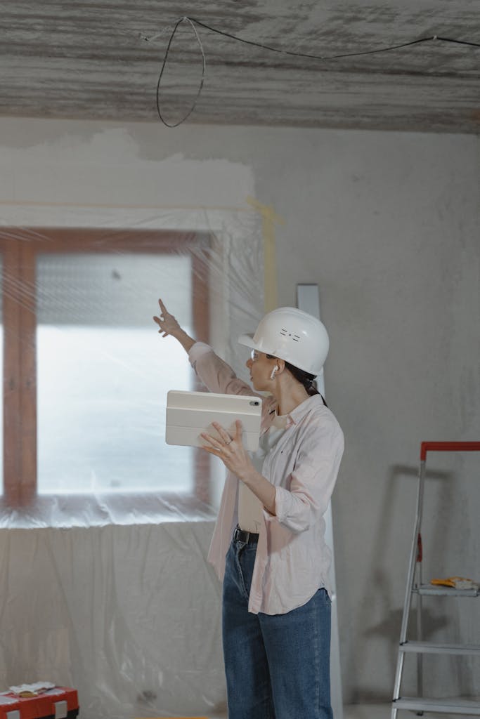 Woman in hard hat using tablet to oversee home renovation in a partially completed room.