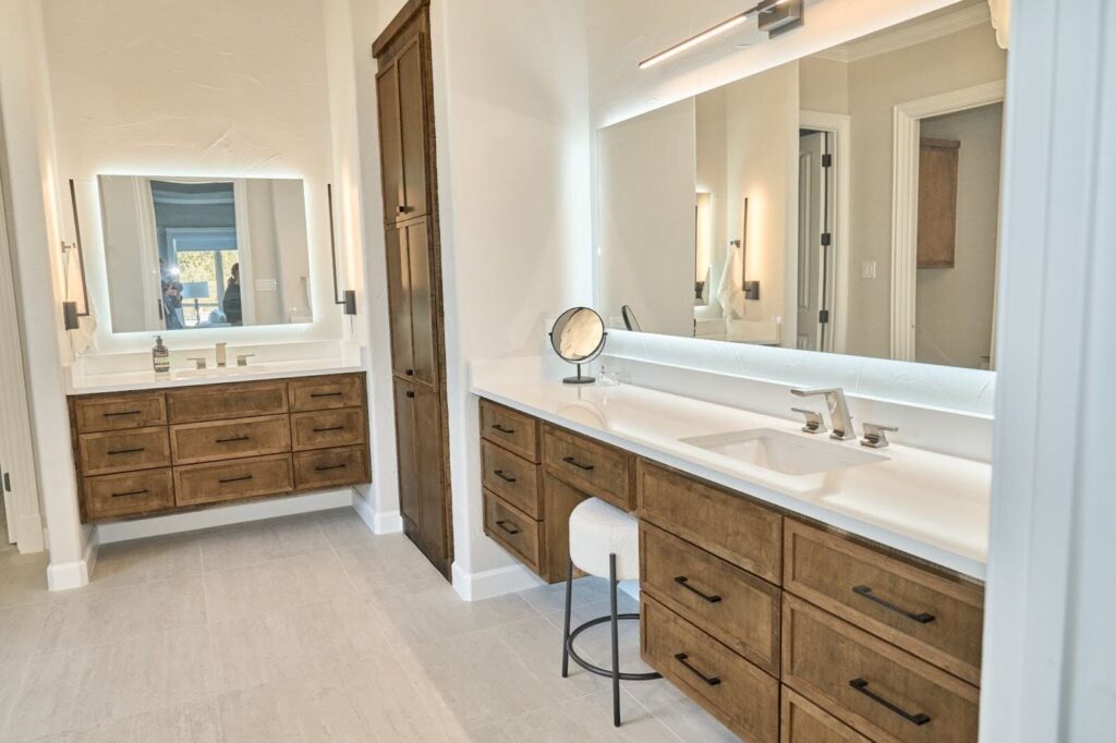 Master bath vanity and counter with sinks and seating