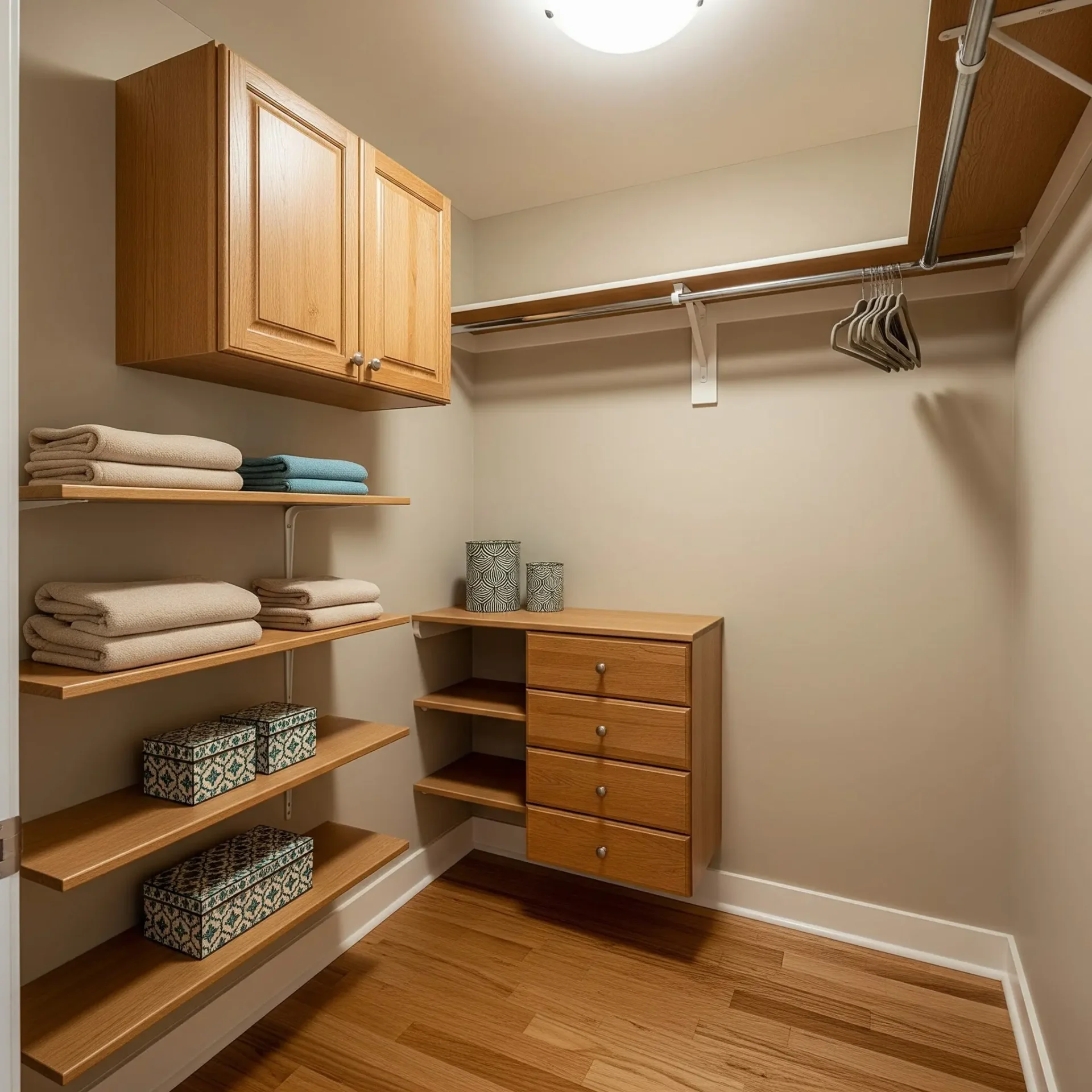 Bedroom closet with shelves and cabinet