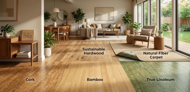 A modern showroom displaying five eco-friendly flooring options—cork, bamboo, hardwood, linoleum, and carpet.