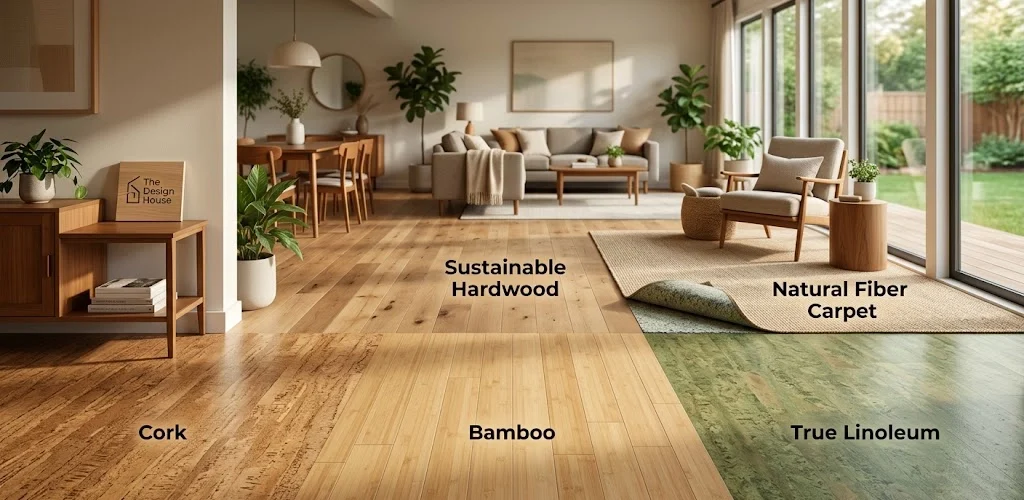 A modern showroom displaying five eco-friendly flooring options—cork, bamboo, hardwood, linoleum, and carpet.