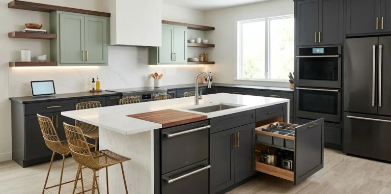 Modern kitchen remodel featuring dark gray and sage green cabinets, a large white marble island with open custom storage drawers, integrated smart appliances, and gold bar stools.