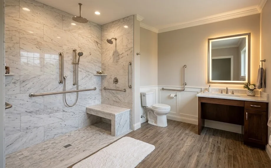 Accessible bathroom featuring a marble-tiled walk-in shower with grab bars and a built-in bench.