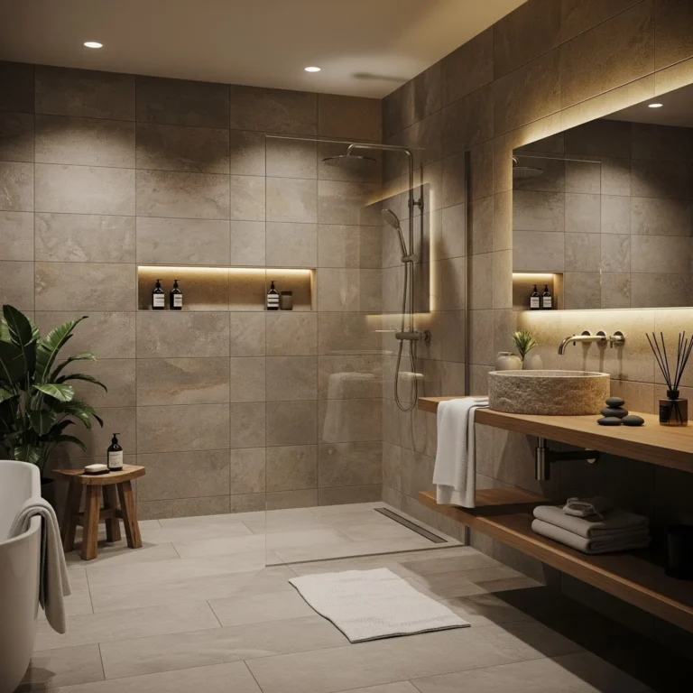 A modern, spa-like bathroom featuring earth-toned stone tile walls and flooring, a glass walk-in shower, and a wooden floating vanity with a stone vessel sink and backlit mirror.