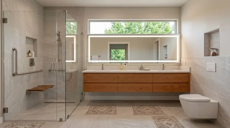 Modern ADA-compliant bathroom with a curbless roll-in shower and grab bars