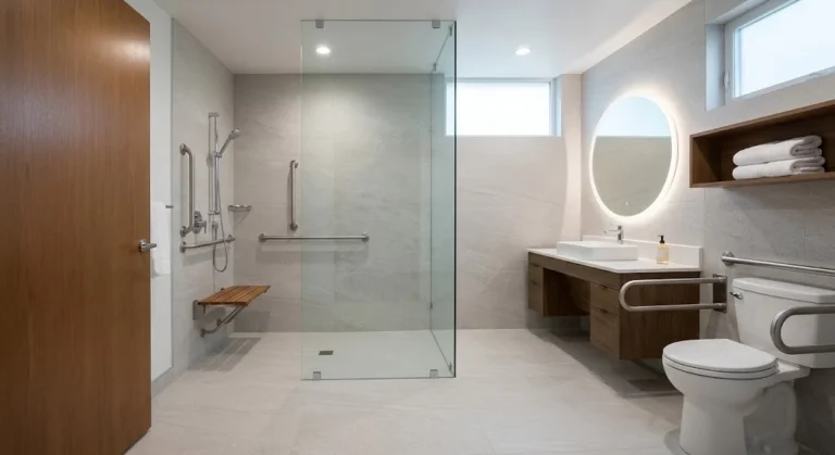 Modern, accessible bathroom with a curbless shower, floating vanity, and safety grab bars.