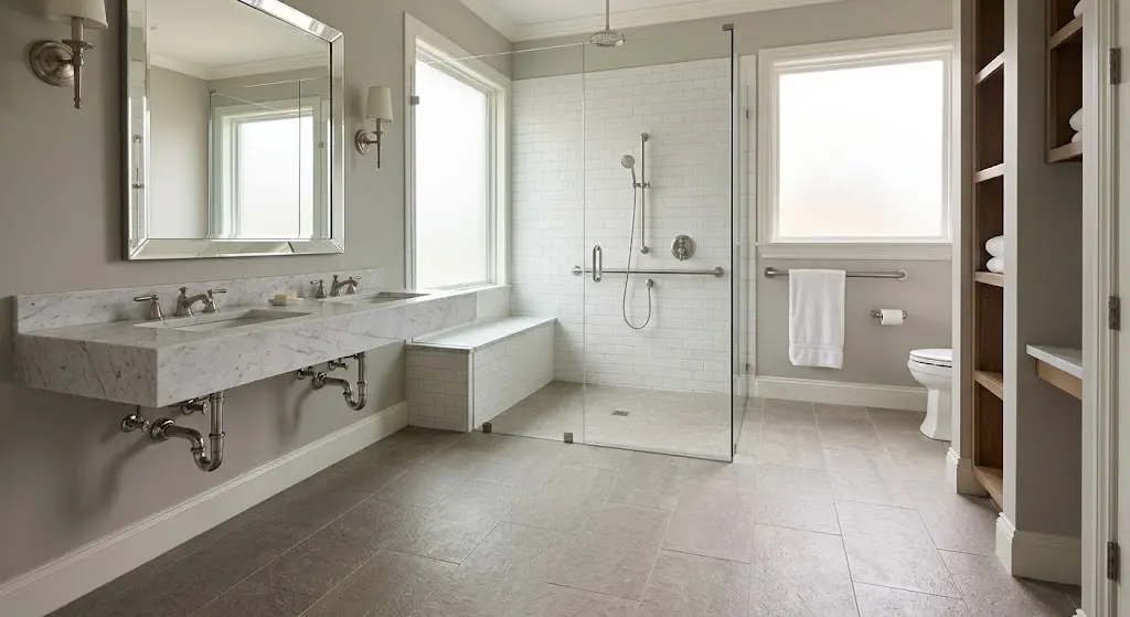 Modern bathroom with a marble vanity and a tile walk-in shower.